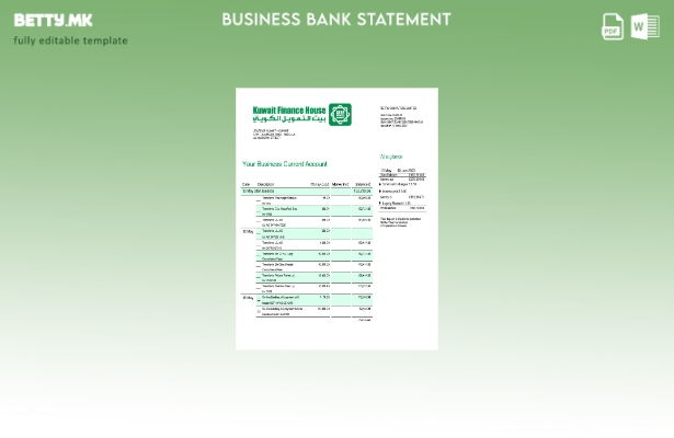 модерен стил Kuwait Finance House банка извод на фирмата сметка Word и PDF шабло